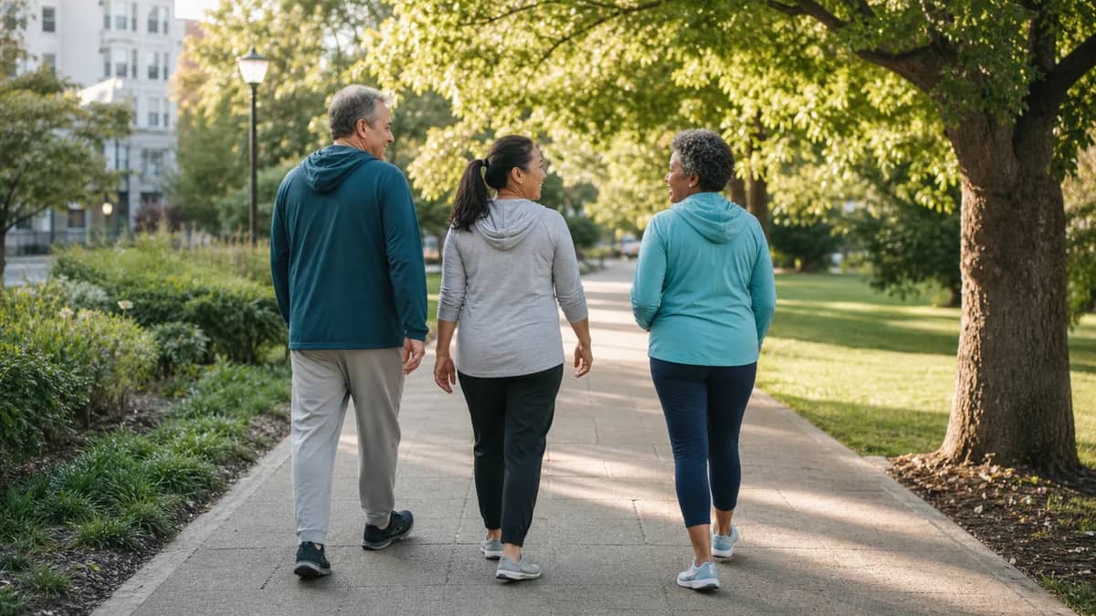 A diverse group of adults walking together on a safe tree-lined path in soft morning light