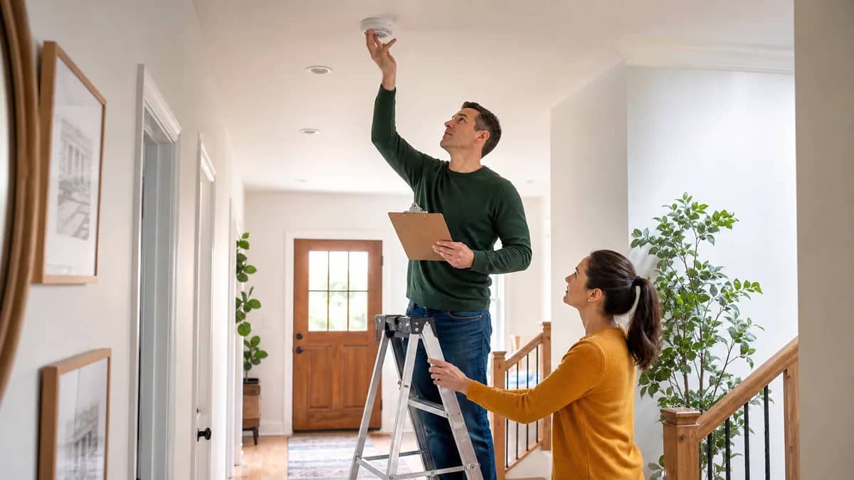A person completing a home safety checklist while testing a smoke alarm in a bright modern hallway